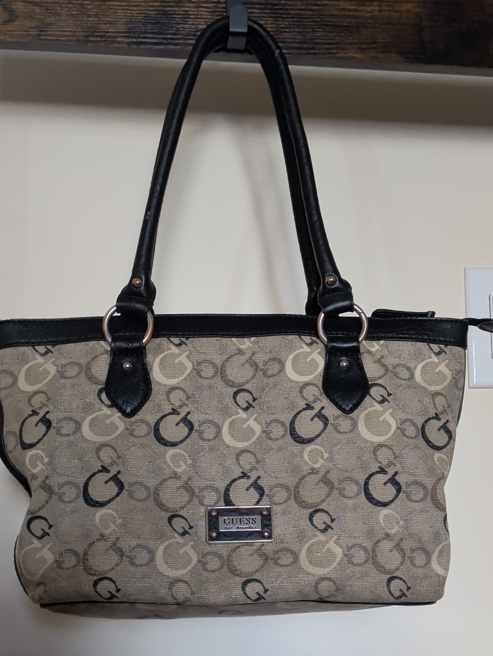GUESS Beige Signature Monogram Tote with Black Trim